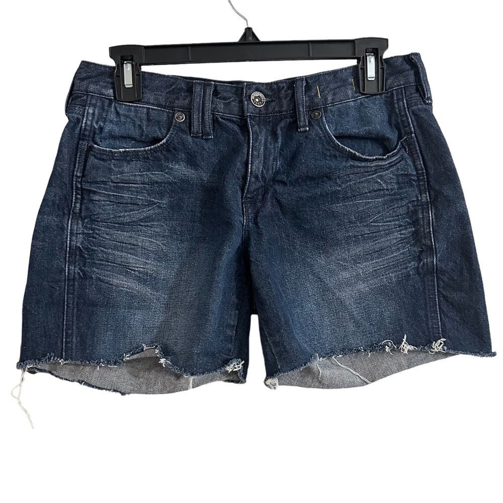 Madewell Dark Wash Low Rise Blue Denim Shorts Frayed Hem Whiskering Sz 26